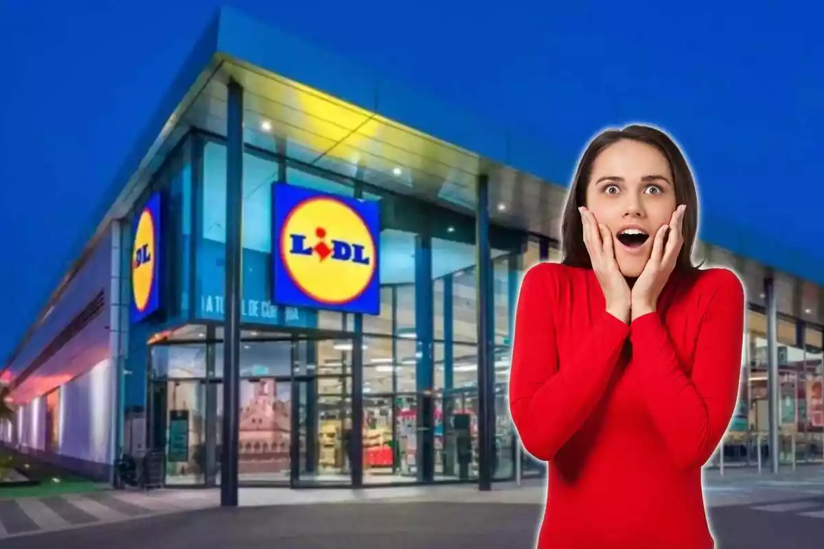 Mujer sorprendida y tienda de Lidl detrás