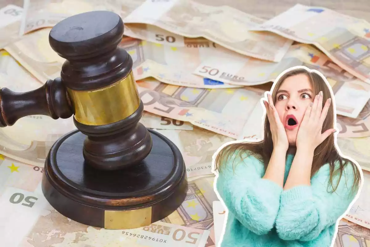 Imagen de fondo de muchos billetes de 50 euros amontonados con un mazo de juez encima y otra imagen de una mujer asustada