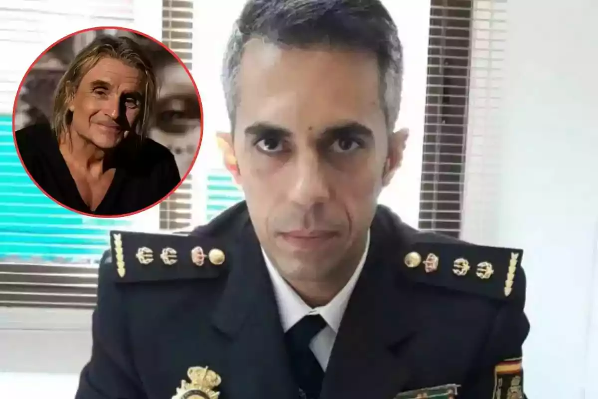 Un hombre con uniforme militar aparece en primer plano, mientras que en un círculo rojo se muestra a otro hombre con cabello largo y expresión sonriente. Un hombre con uniforme militar aparece en primer plano, mientras que en un círculo rojo se muestra a otro hombre con cabello largo y expresión sonriente.