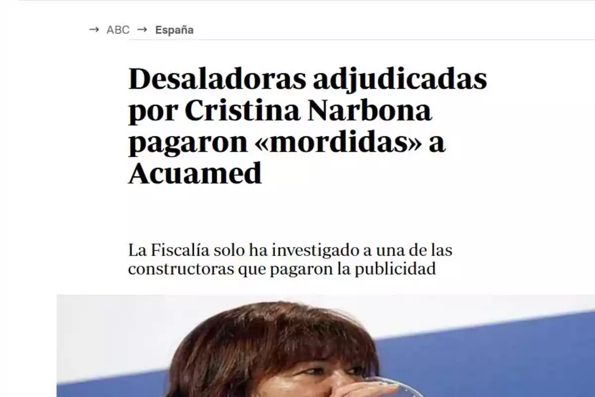 Titular de una noticia sobre desaladoras adjudicadas por Cristina Narbona y presuntos pagos irregulares a Acuamed Titular de una noticia sobre desaladoras adjudicadas por Cristina Narbona y presuntos pagos irregulares a Acuamed