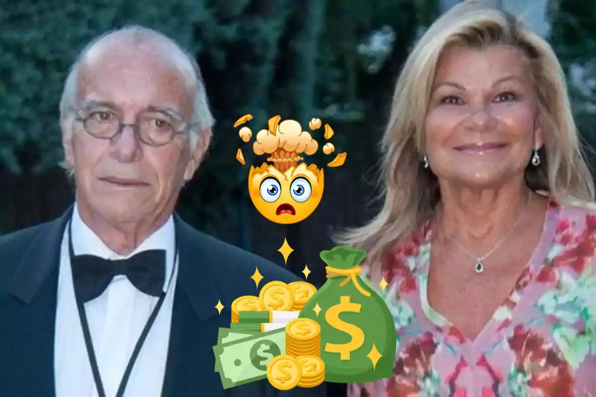 Una pareja mayor elegantemente vestida con emojis de sorpresa y dinero superpuestos en la imagen.