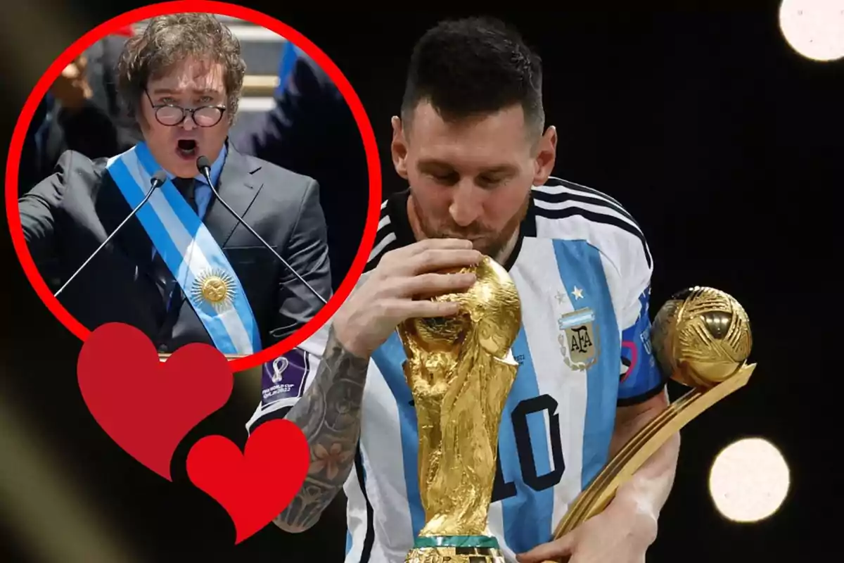 Un hombre con una banda presidencial habla en un micrófono, mientras otro hombre con una camiseta de la selección argentina de fútbol besa un trofeo de la Copa del Mundo, con dos corazones rojos en la parte inferior izquierda.