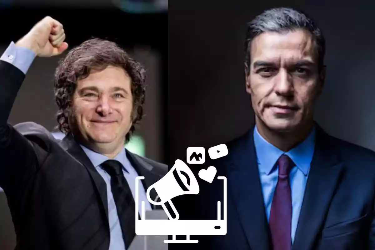 Dos hombres en trajes formales, uno levantando el puño y sonriendo, el otro con expresión seria, con un icono de megáfono y redes sociales en la parte inferior.