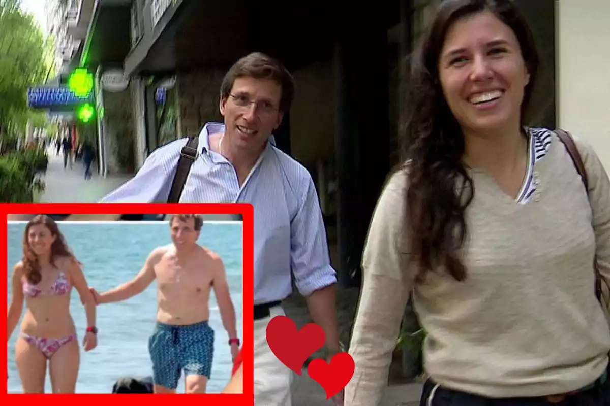 Una pareja sonriente camina por la calle, mientras en un recuadro se les ve disfrutando de la playa en traje de baño, con dos corazones rojos decorando la imagen.