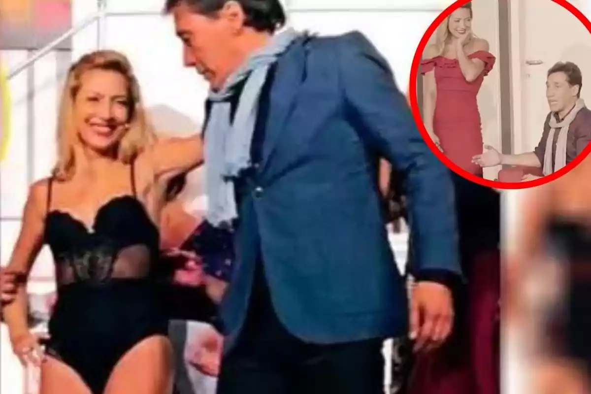 Una mujer rubia sonriente en un traje negro y un hombre con chaqueta azul y bufanda gris están en el centro de la imagen, mientras que en un círculo rojo en la esquina superior derecha se muestra a la misma mujer con un vestido rojo y al mismo hombre en una conversación.