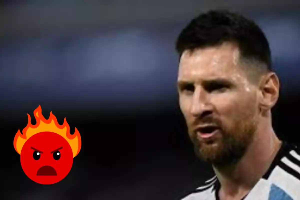 Jugador de fútbol con camiseta de Argentina y emoji de enojo con fuego.