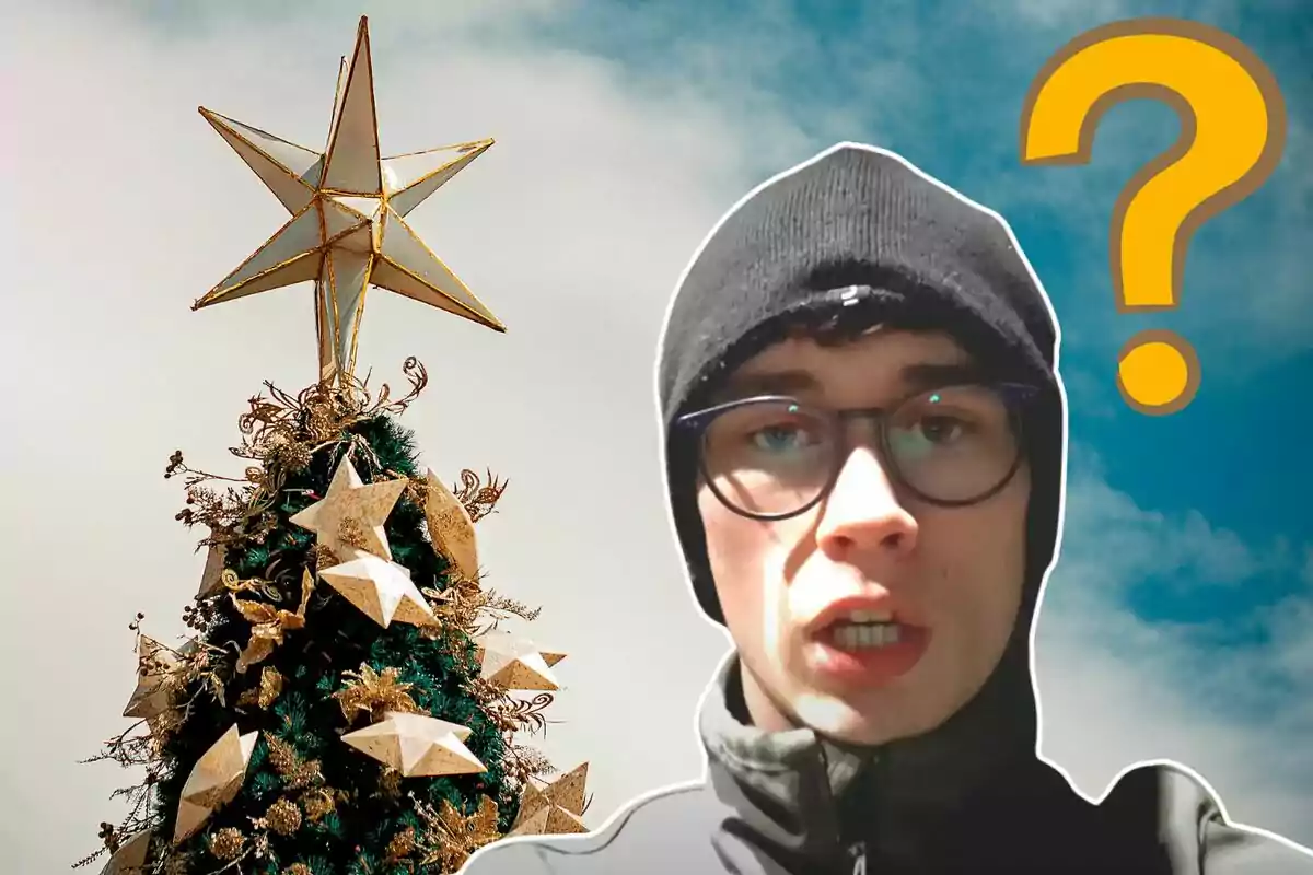 Un árbol de Navidad decorado con estrellas doradas junto a una persona con gorro y gafas y un signo de interrogación.