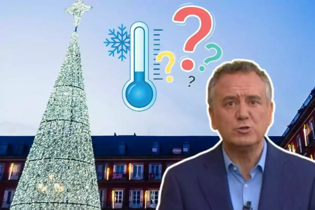 Un hombre en traje frente a un árbol de Navidad iluminado con un termómetro y signos de interrogación en el cielo.