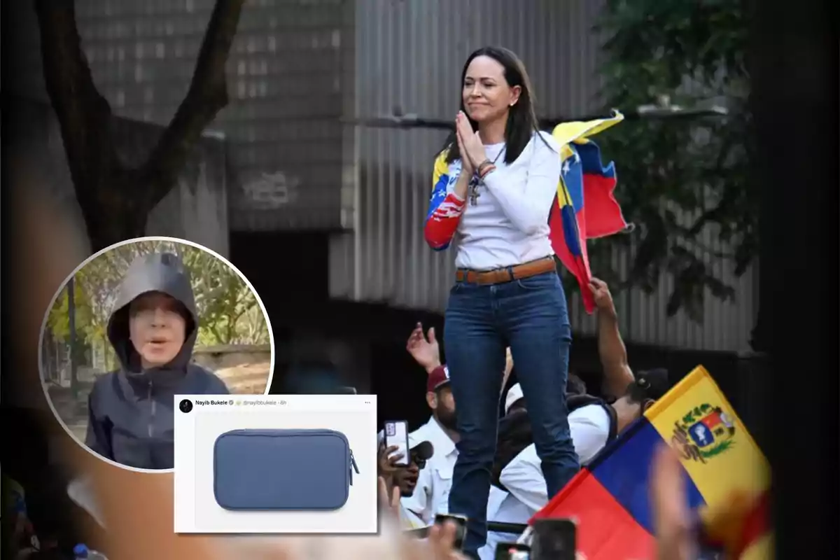 Una mujer de pie sobre una plataforma con una bandera de Venezuela y un grupo de personas alrededor, en la esquina inferior izquierda hay un recuadro con una persona con capucha y una imagen de un estuche azul.