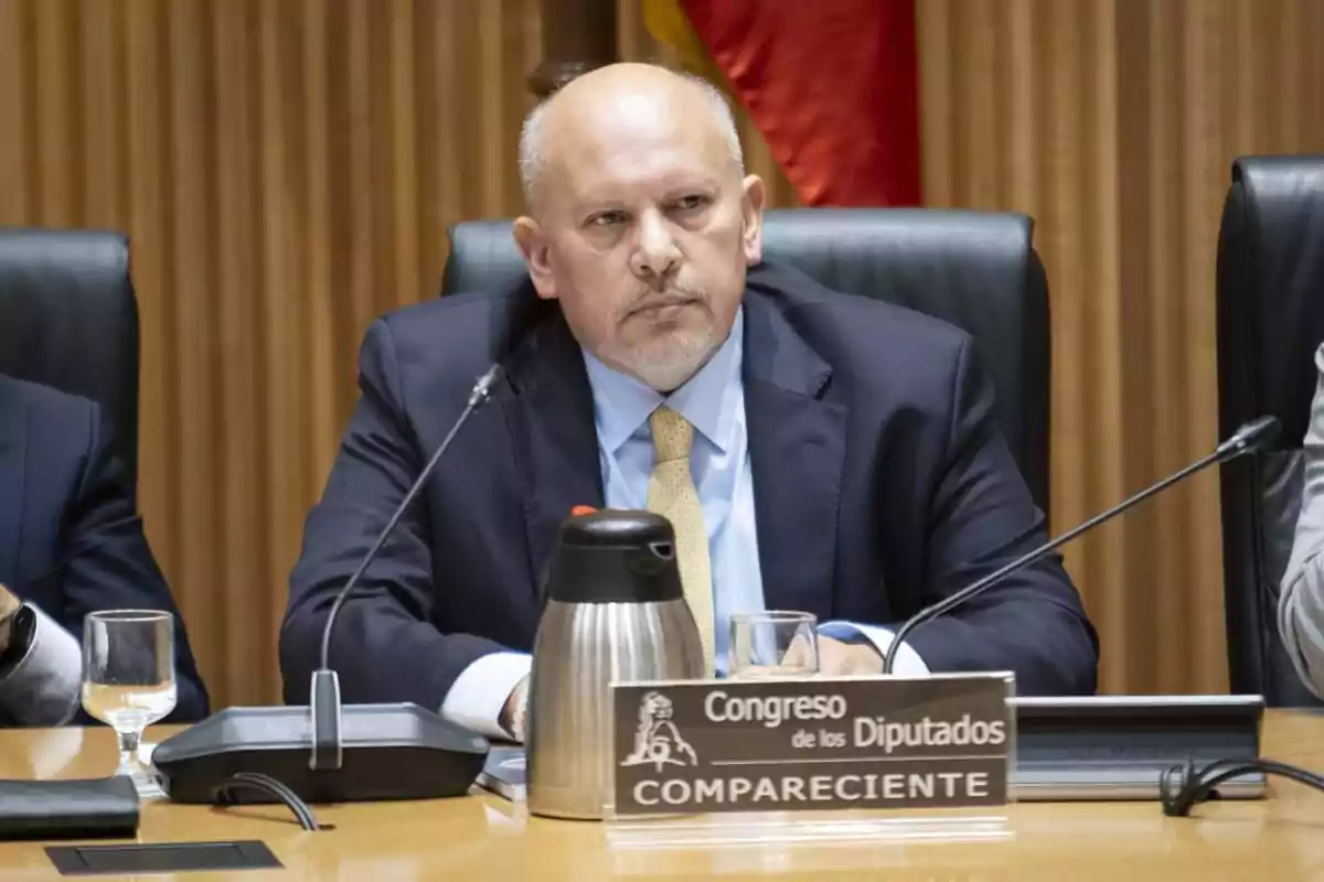 Hombre calvo con barba sentado en una sala de reuniones oficiales frente a un cartel que dice Congreso de los Diputados compareciente Hombre calvo con barba sentado en una sala de reuniones oficiales frente a un cartel que dice Congreso de los Diputados compareciente