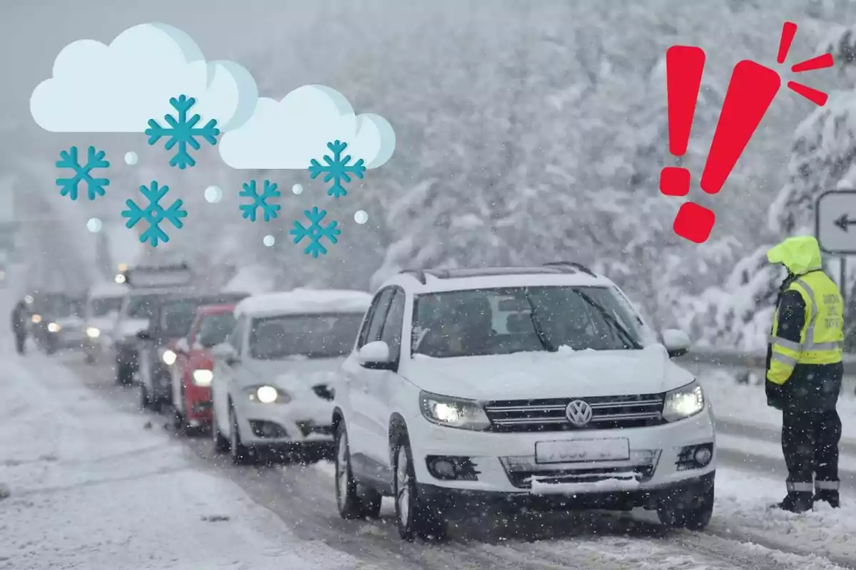 A line of cars moves slowly along a snowy road as a traffic officer in a yellow jacket looks on; there are illustrations of clouds with snowflakes and a red exclamation mark.