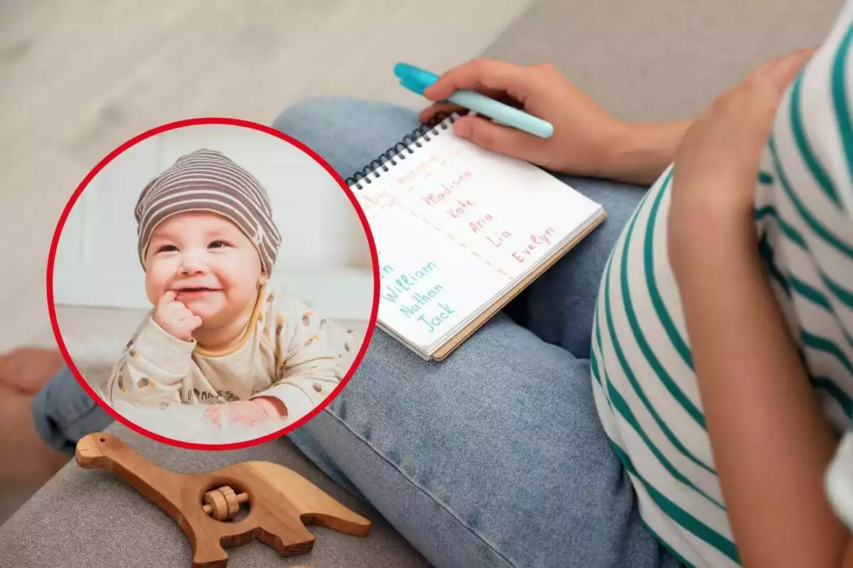 Mujer embarazada con lista de nombres para bebé y círculo rojo con bebé sonriendo