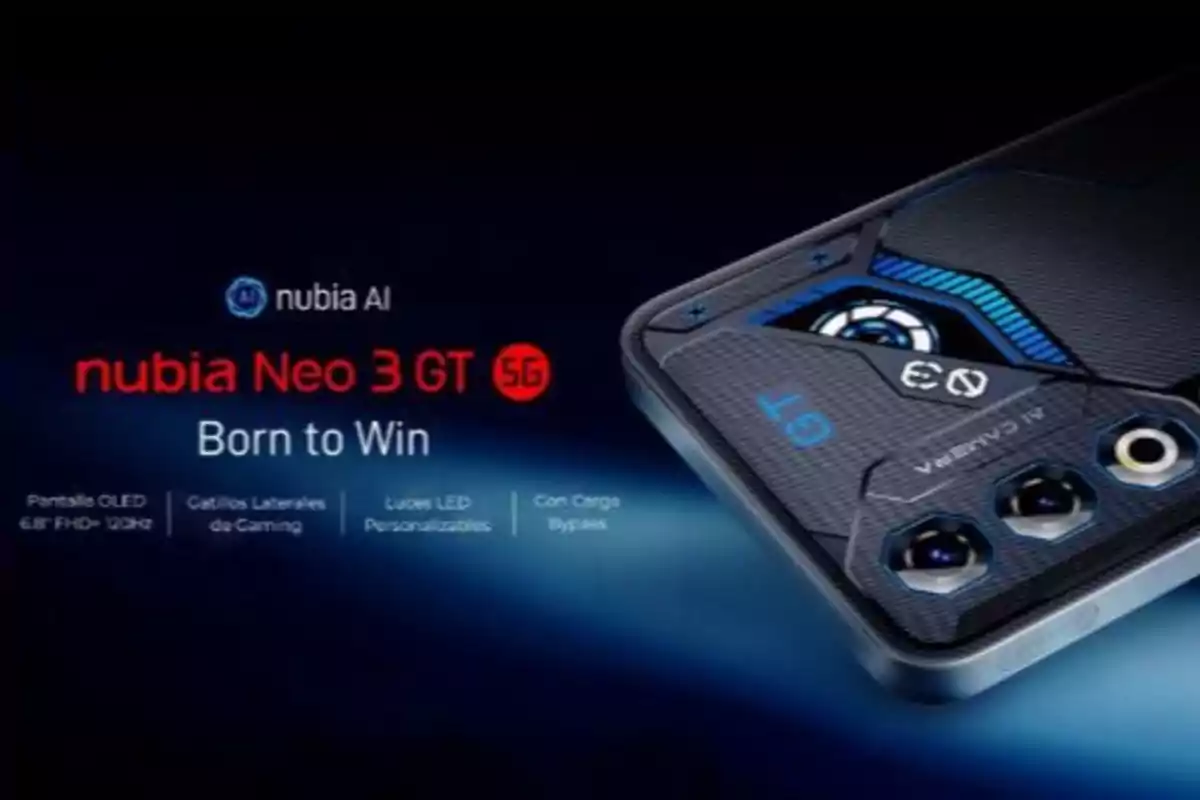 Imagen promocional del teléfono Nubia Neo 3 GT 5G con diseño futurista y características destacadas como pantalla OLED de 6.8 pulgadas, gatillos laterales para gaming, luces LED personalizables y carga rápida.