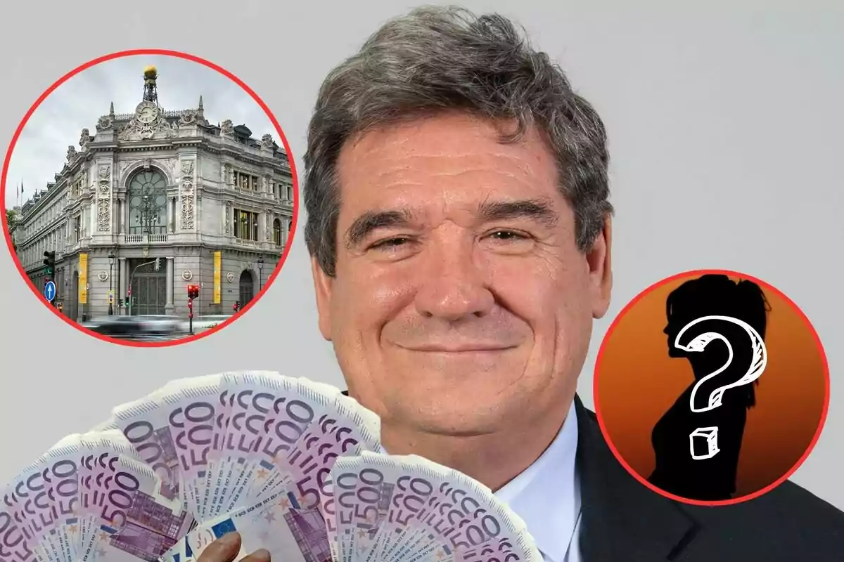 Hombre sonriendo con un abanico de billetes de 500 euros, con una imagen de un edificio histórico y una silueta con un signo de interrogación en círculos rojos al fondo.