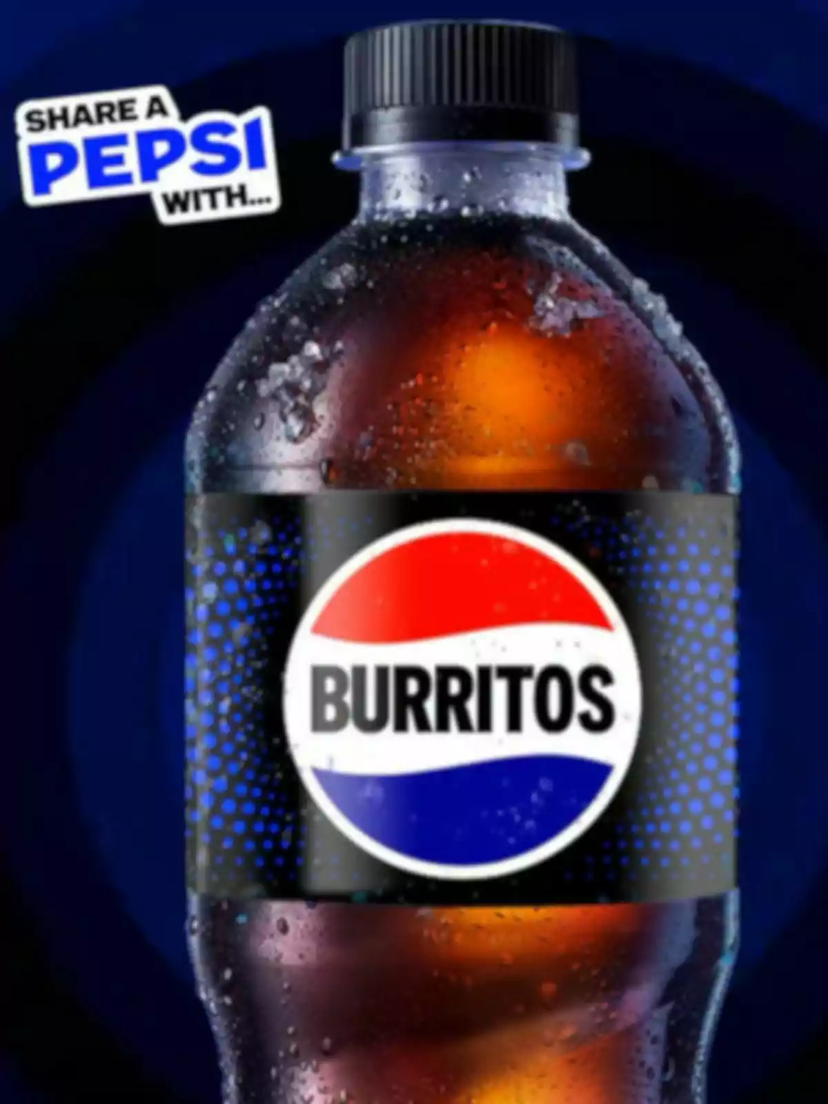 Cold Pepsi bottle with water droplets and a label that says Burritos on the logo, against a dark blue background Cold Pepsi bottle with water droplets and a label that says Burritos on the logo, against a dark blue background