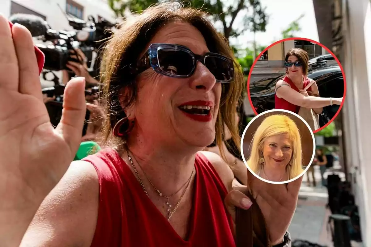 Mujer con gafas de sol y vestido rojo sonríe y saluda mientras es fotografiada por la prensa, con dos recuadros mostrando a la misma mujer y a otra mujer rubia