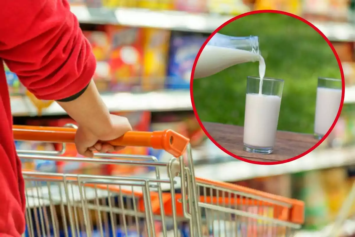 Persona empujando un carrito de compras en un supermercado con un recuadro que muestra leche siendo vertida en un vaso.