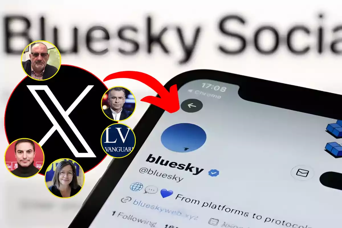 Imagen que muestra la interfaz de la aplicación Bluesky en un teléfono móvil con un logotipo de "X" y varias fotos de perfil en círculos amarillos.