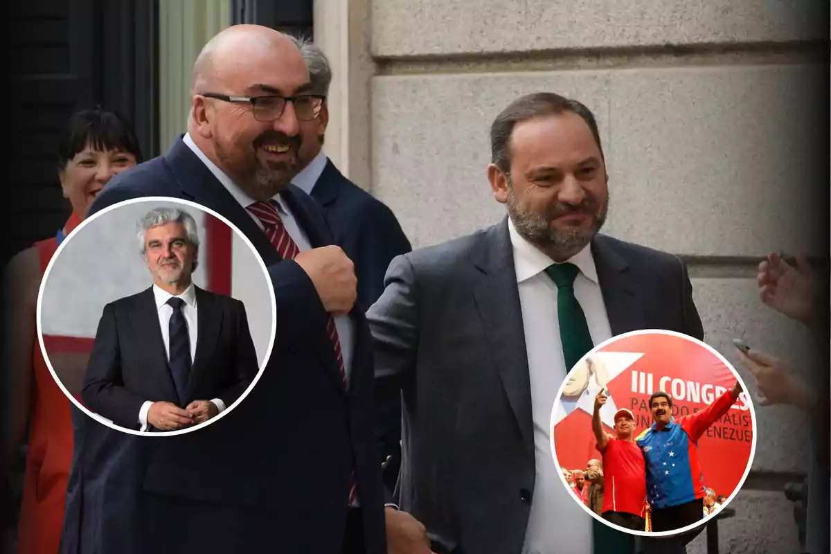 Un grupo de personas sonríe mientras camina, con dos imágenes circulares superpuestas mostrando a un hombre de traje y a dos personas en un evento con fondo rojo.