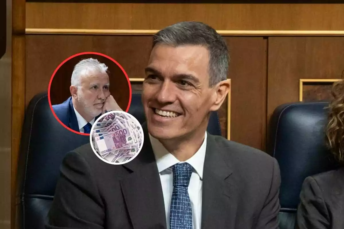Un hombre sonriente en un entorno formal con un recuadro que muestra a otro hombre pensativo y un montón de billetes de 500 euros.