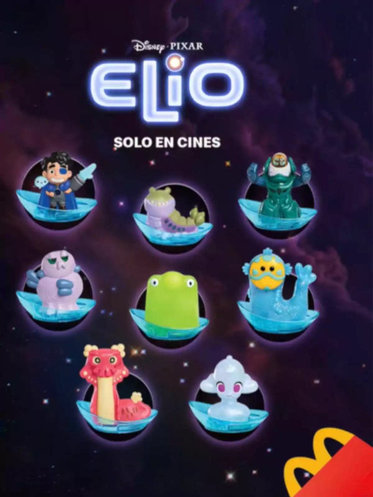 Toys from Disney Pixar's Elio movie on display against a space-themed background with the McDonald's logo in the corner Toys from Disney Pixar's Elio movie on display against a space-themed background with the McDonald's logo in the corner