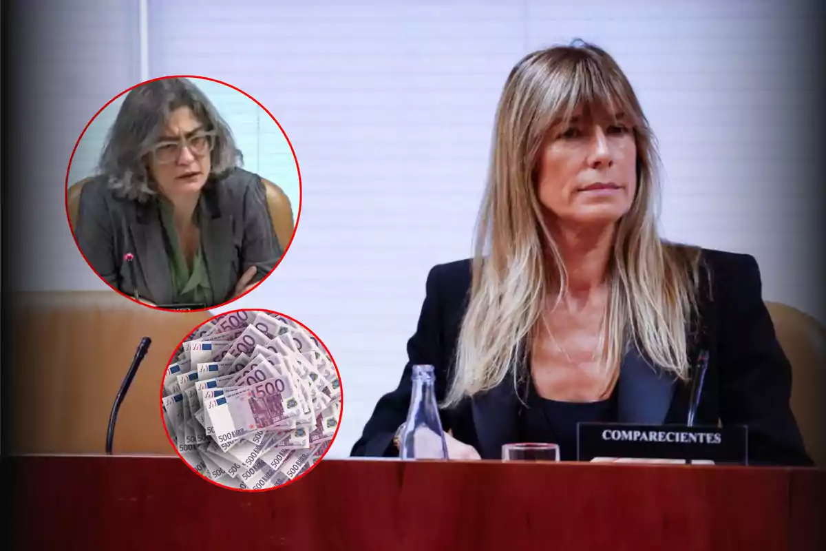 Mujer de cabello rubio sentada en una mesa de comparecencias con dos círculos superpuestos que muestran a otra mujer de cabello canoso y un fajo de billetes de 500 euros