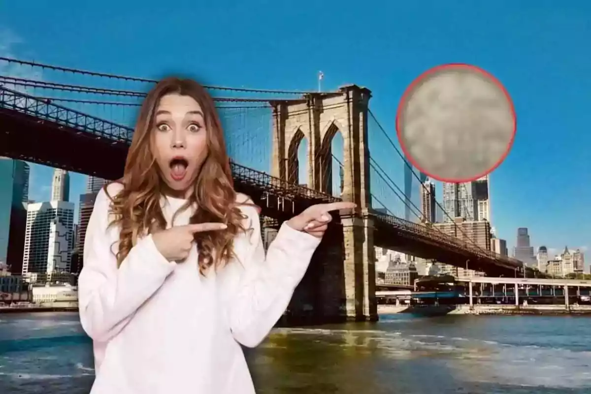 Mujer sorprendida señalando un objeto borroso en el cielo con el Puente de Brooklyn de fondo.