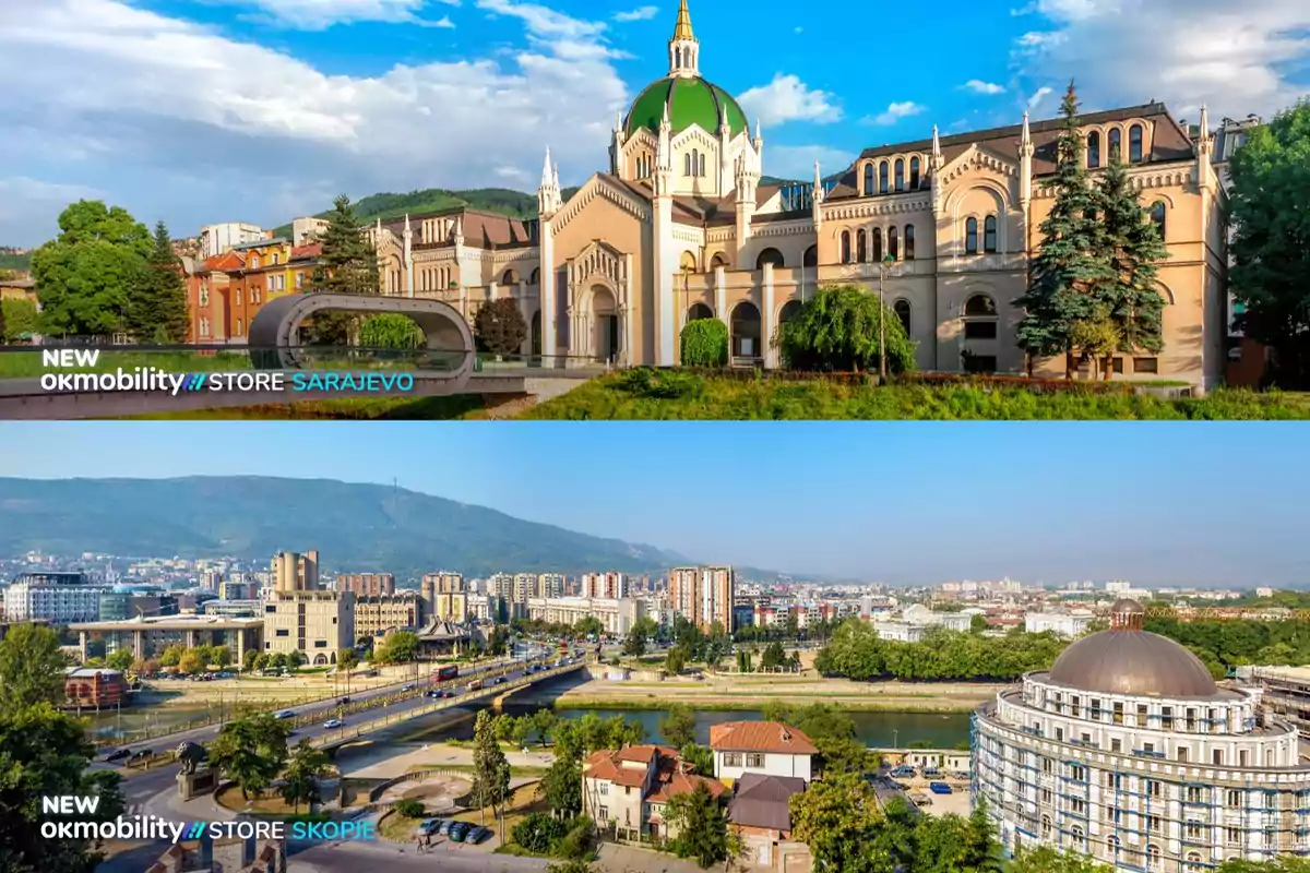 La imagen muestra dos vistas panorámicas de ciudades europeas, con la parte superior destacando un edificio histórico con una cúpula verde en Sarajevo y la parte inferior mostrando una vista urbana con un río y edificios modernos en Skopje, ambas con el logotipo de OK Mobility Store.