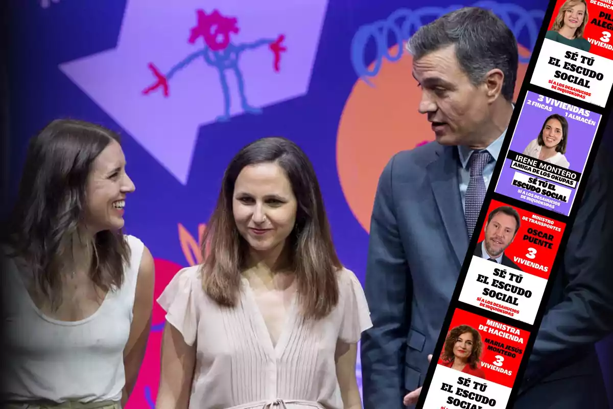 Tres personas conversando y sonriendo en un evento con un fondo colorido y una columna de imágenes y texto a la derecha.