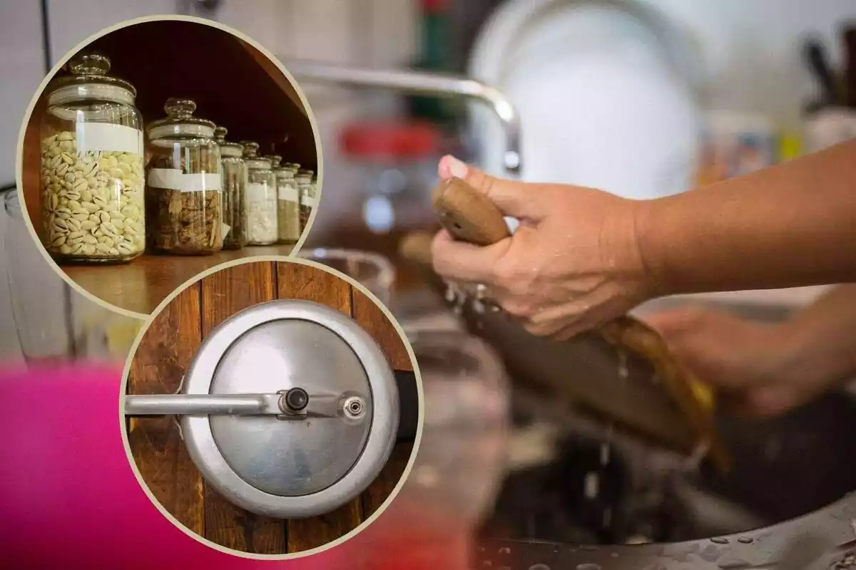 Una persona fregando a mano y un montaje con dos imágenes de una olla y de varios frascos