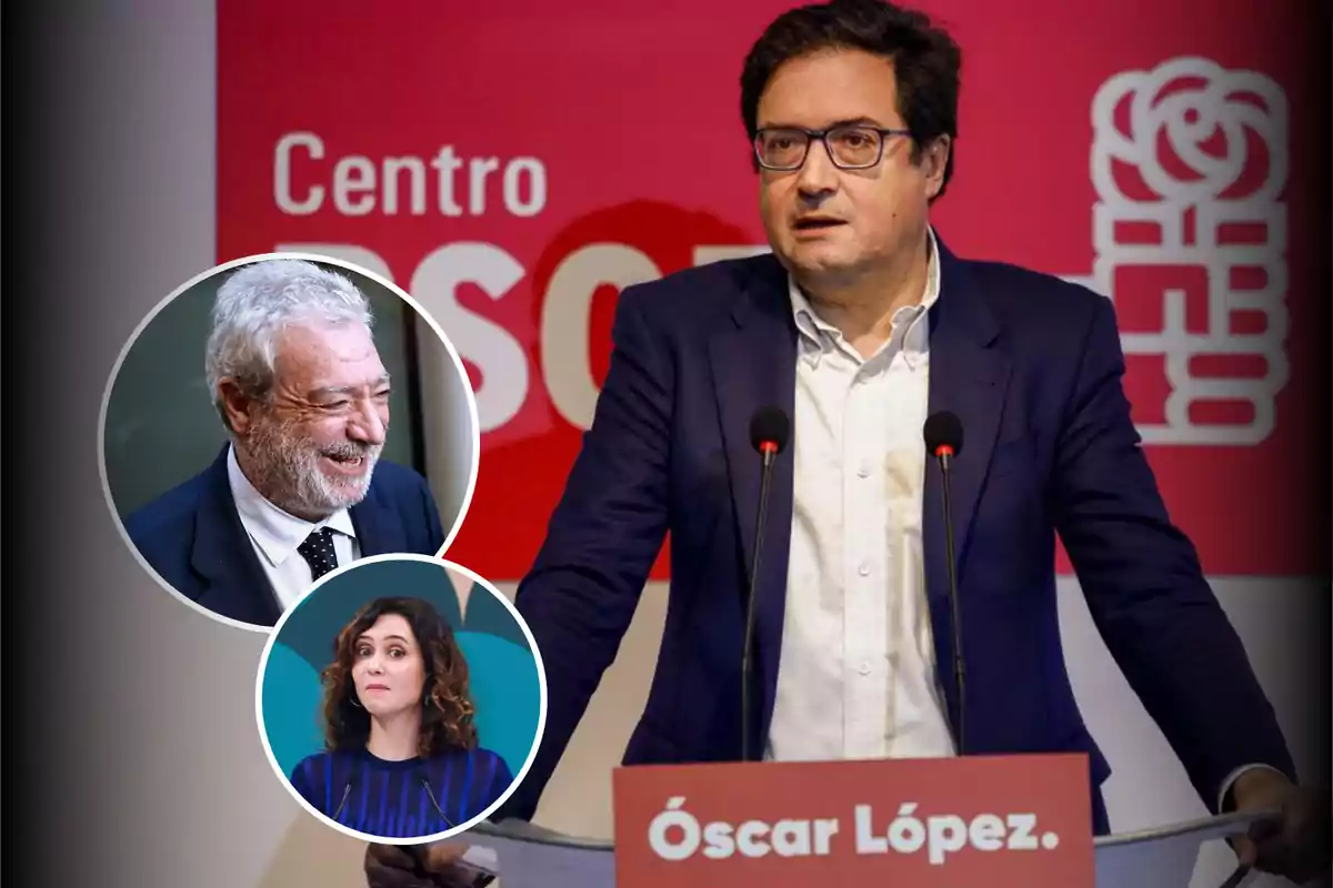 Un hombre de pie frente a un atril con un fondo rojo que tiene el logo de un partido político, con dos imágenes circulares superpuestas de otras personas.