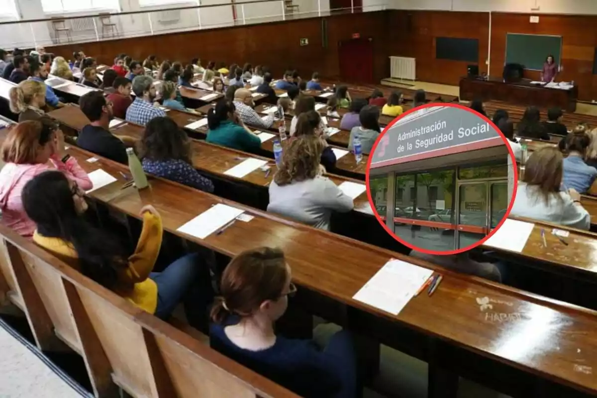 Un aula llena de estudiantes tomando notas con un recuadro que muestra una oficina de la Seguridad Social.