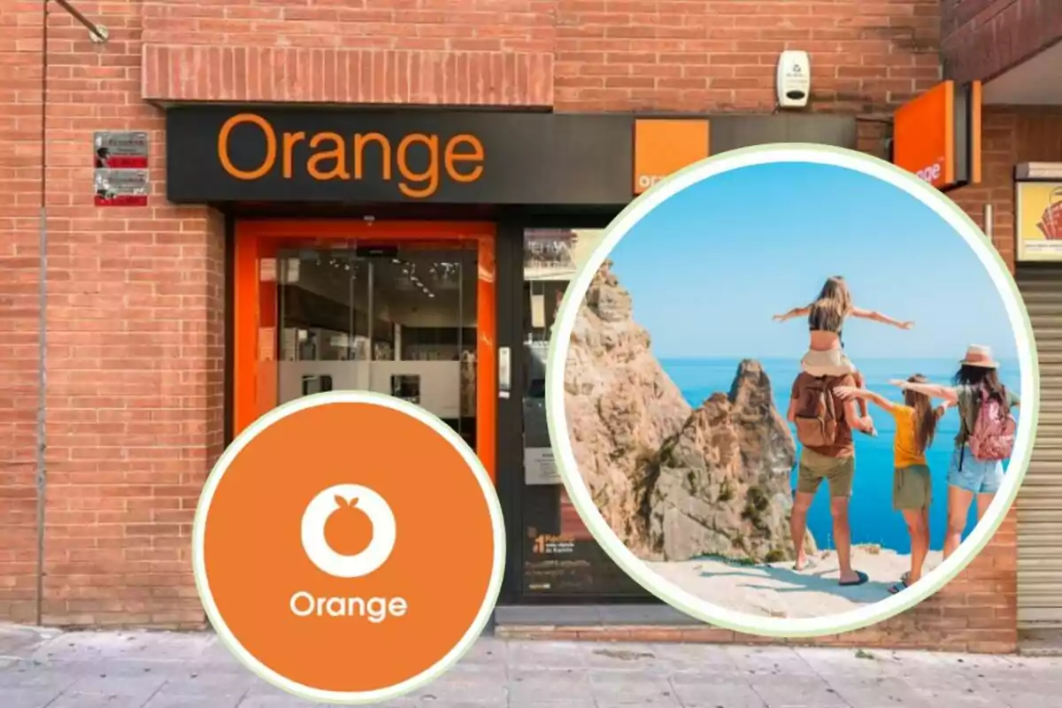 Fachada de una tienda Orange con un logotipo y una imagen de personas disfrutando de un paisaje costero.