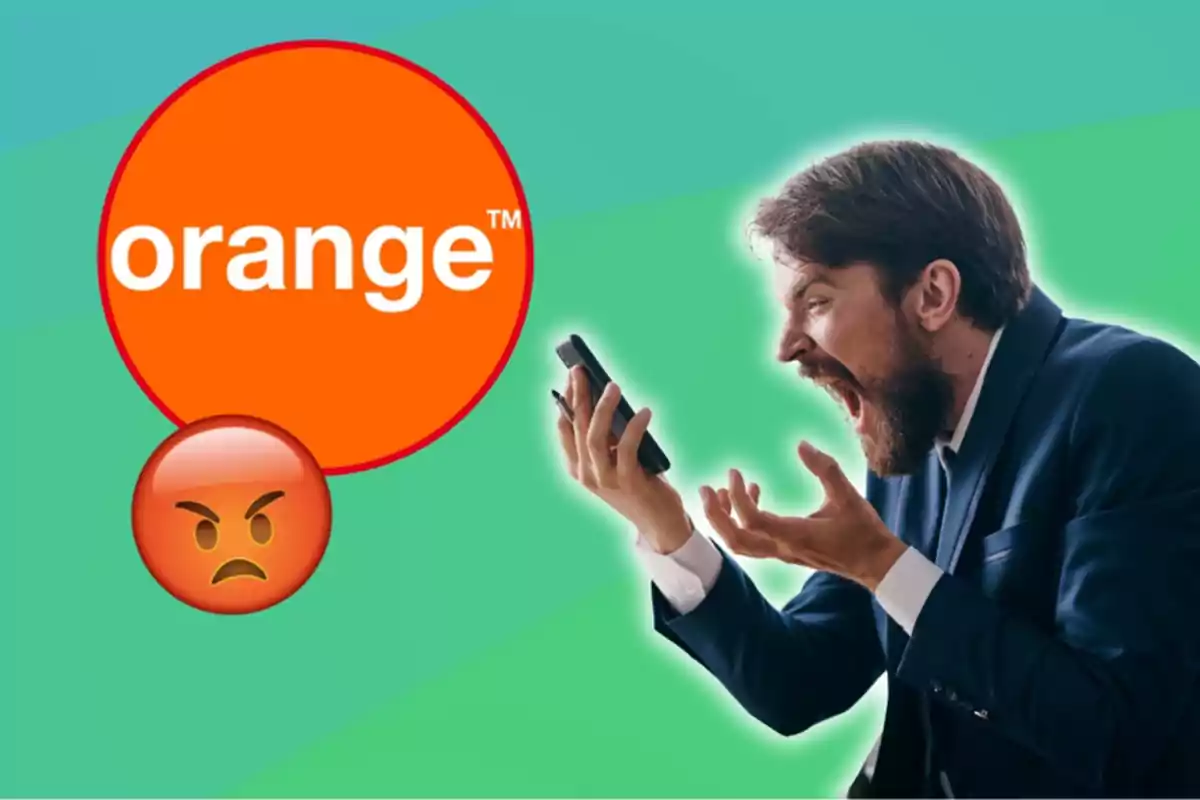 Hombre enojado gritando a su teléfono con el logo de Orange y un emoji de enojo.