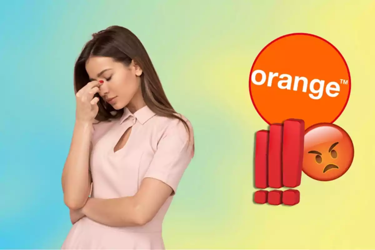 Mujer con expresión de frustración junto al logo de Orange y un emoji enojado con signos de exclamación rojos.