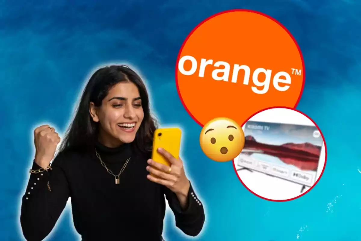 Mujer sonriendo y levantando el puño mientras mira su teléfono amarillo, con el logo de Orange y un emoji sorprendido en el fondo.