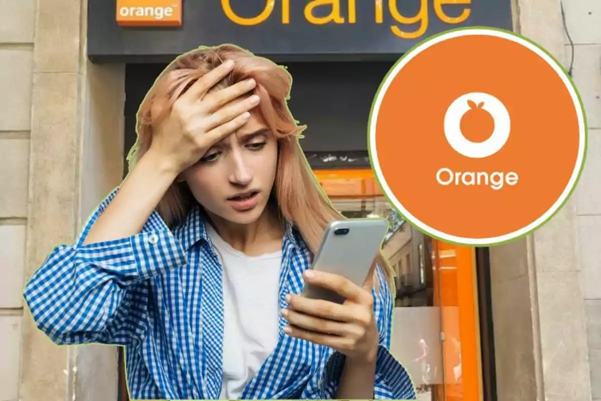 Mujer con expresión preocupada mirando su teléfono frente a una tienda de Orange.