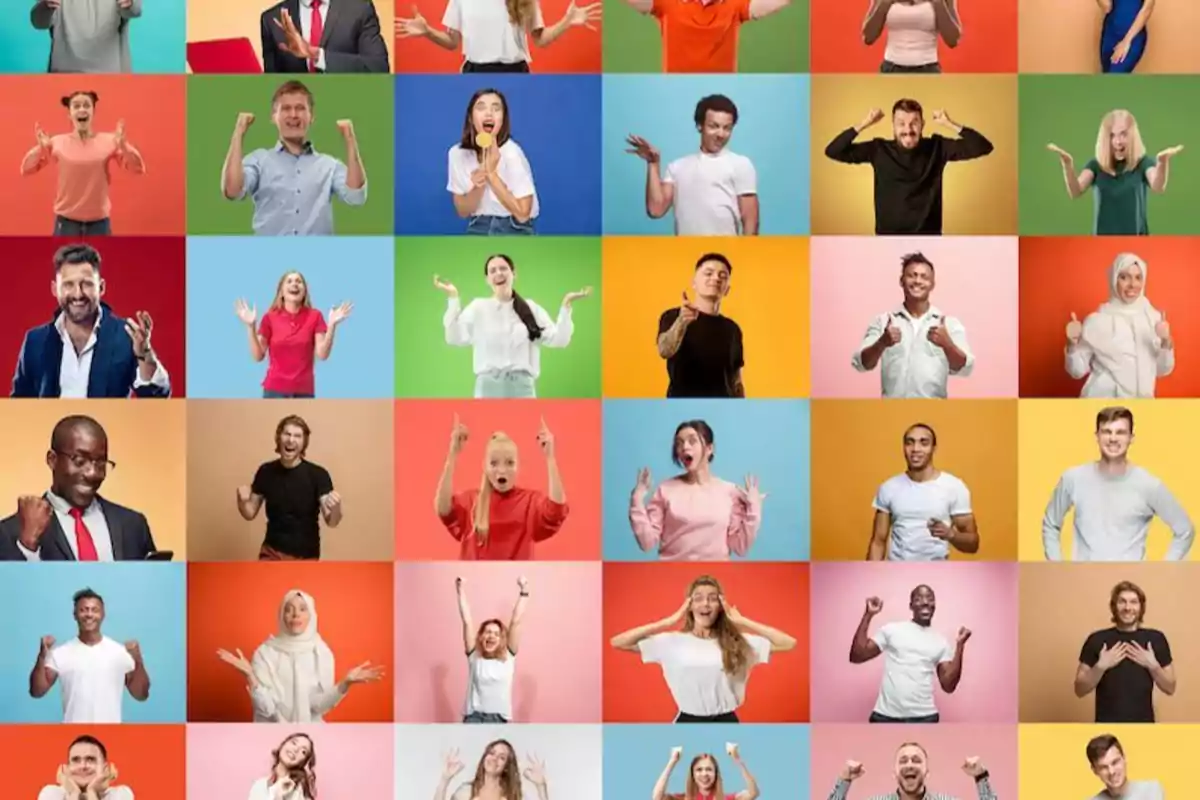 Un collage de personas expresando diversas emociones sobre fondos de colores vibrantes.