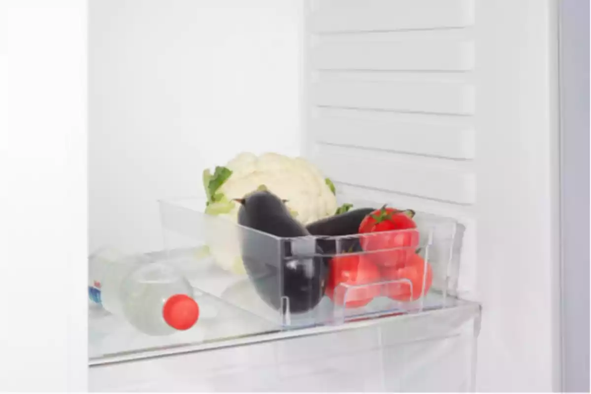 Verduras frescas como coliflor, berenjenas y jitomates dentro de un cajón transparente de refrigerador junto a una botella de agua Verduras frescas como coliflor, berenjenas y jitomates dentro de un cajón transparente de refrigerador junto a una botella de agua