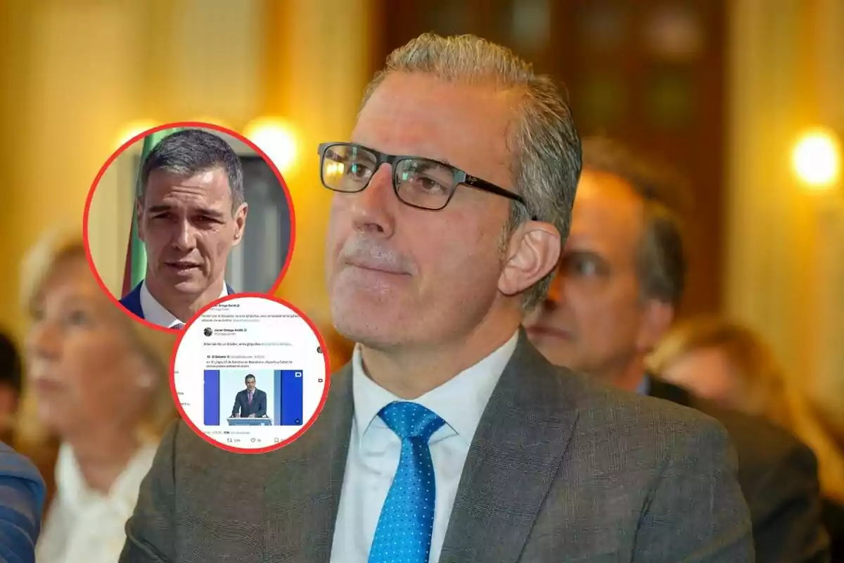 Un hombre con gafas y traje gris aparece en primer plano en un evento, mientras que en la imagen se superpone un círculo rojo con el rostro de otro hombre y una captura de pantalla de una publicación en redes sociales.