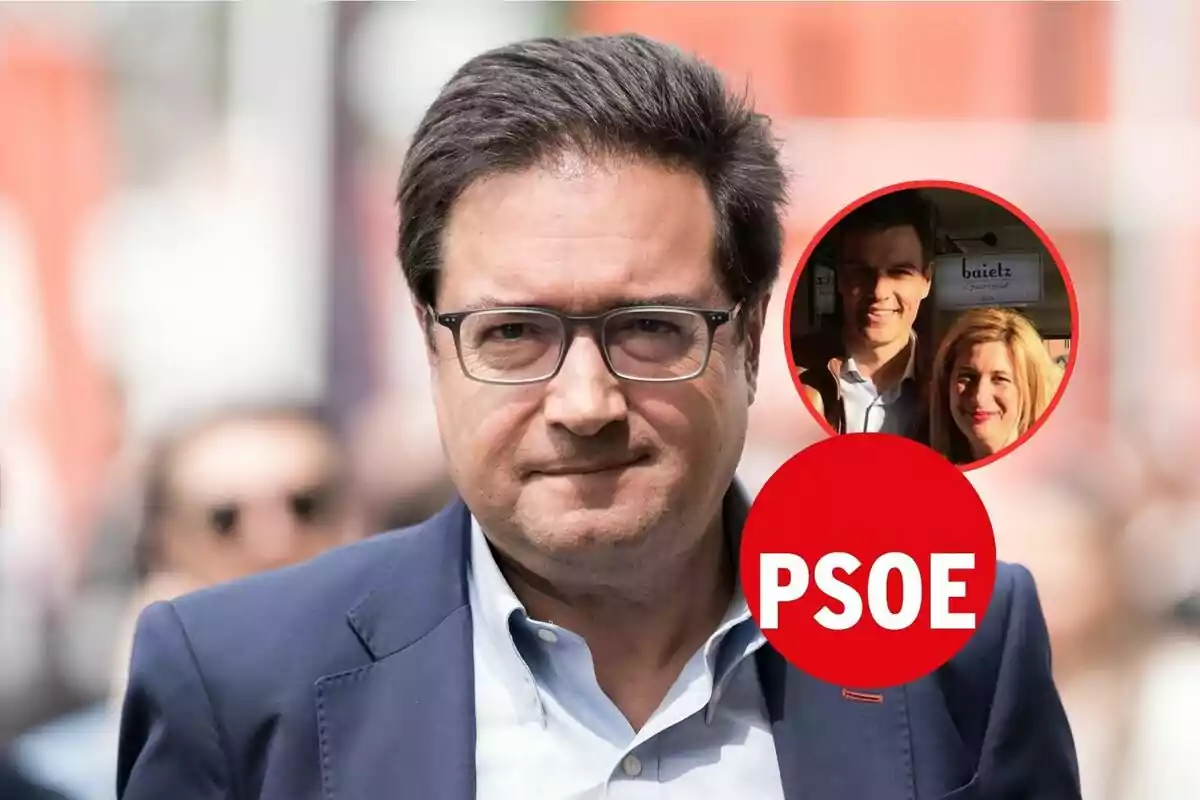 Hombre con gafas y expresión seria en primer plano con un círculo rojo que contiene el texto PSOE y una imagen pequeña de dos personas sonrientes en el fondo