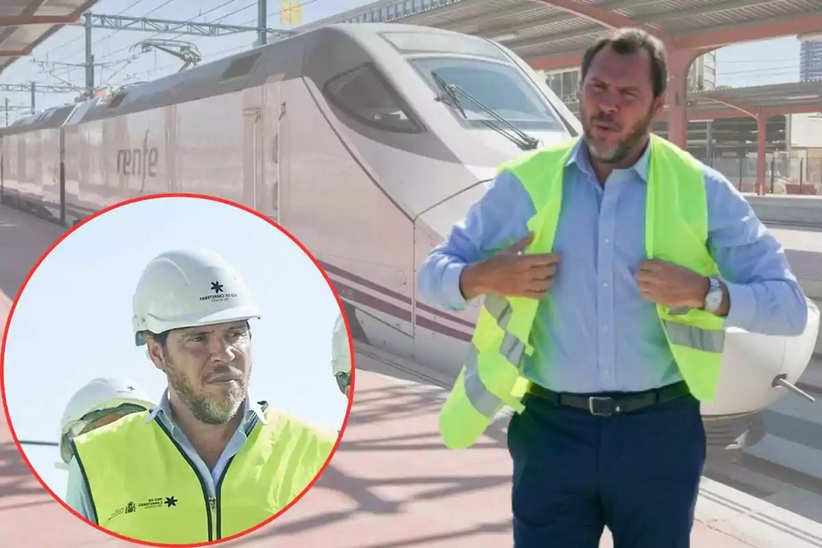 Un hombre con chaleco reflectante amarillo y camisa azul está de pie frente a un tren de alta velocidad en una estación, en un recuadro se le ve con casco de seguridad y el mismo chaleco.