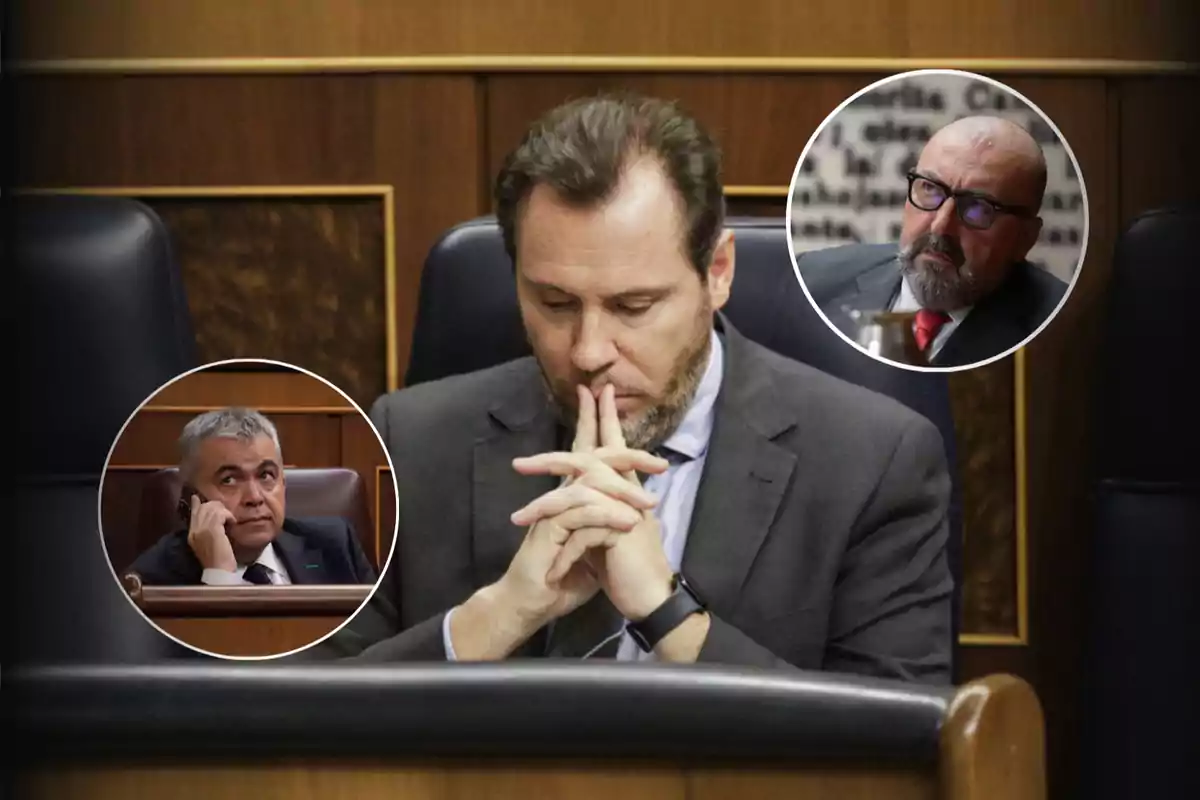 Un hombre de traje sentado en un escaño parlamentario con expresión pensativa y las manos entrelazadas mientras dos rostros de otros hombres aparecen en círculos a su alrededor