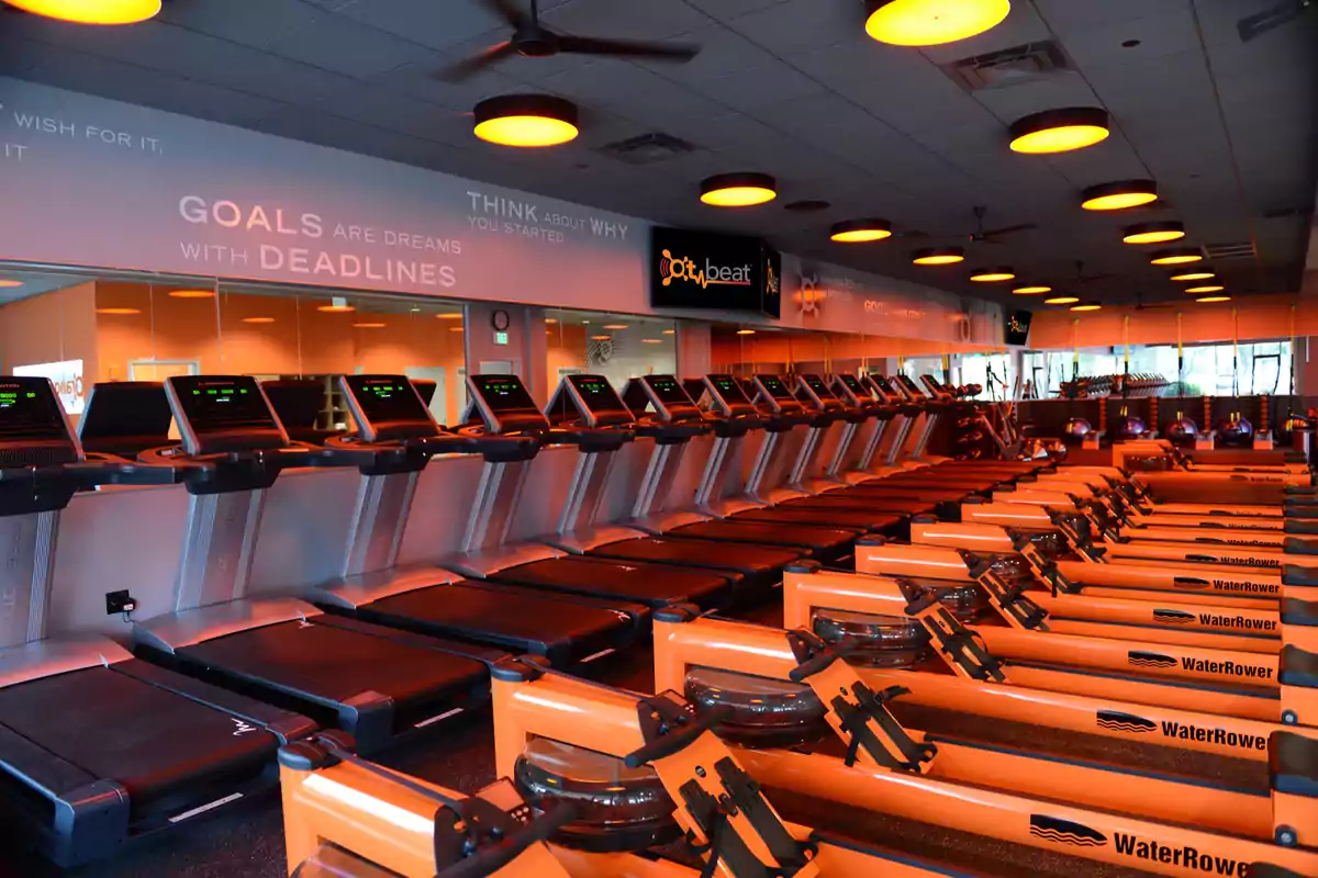 Un gimnasio moderno con filas de cintas de correr y máquinas de remo iluminadas con luces naranjas.