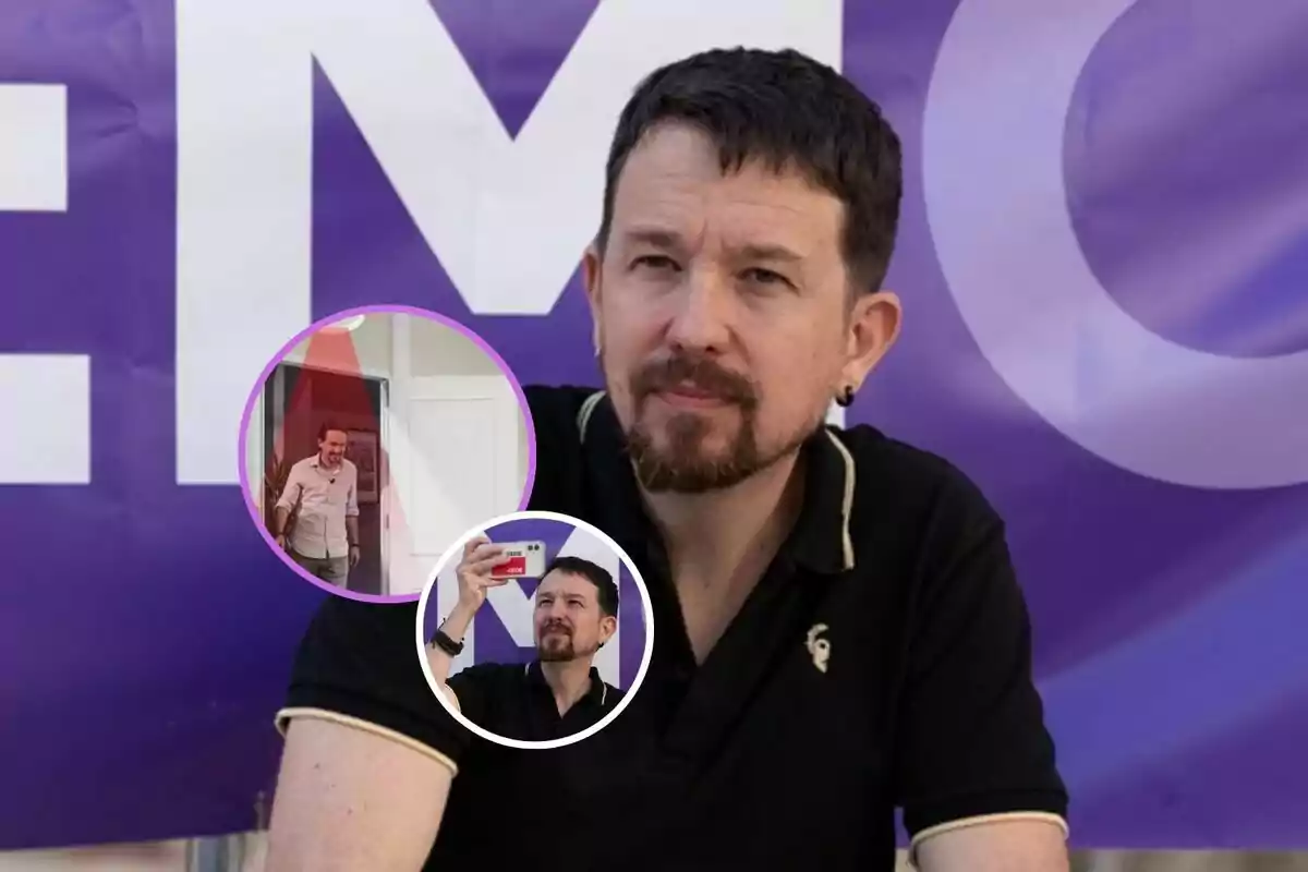 A bearded man in a black t-jersey is sitting in front of a purple background with large letters, and there are two overlapping circular images showing the same man in different situations.