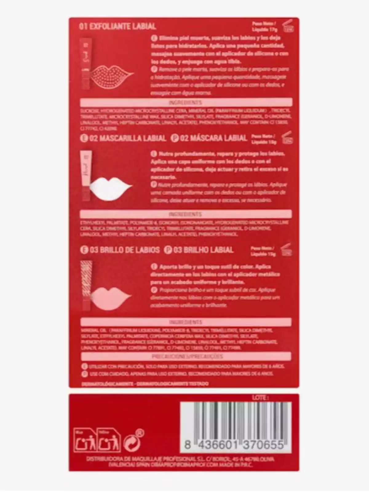 Imagen de un empaque rojo que contiene información sobre un set de cuidado labial, incluyendo un exfoliante, una mascarilla y un brillo de labios, con instrucciones de uso, ingredientes y precauciones en varios idiomas. Imagen de un empaque rojo que contiene información sobre un set de cuidado labial, incluyendo un exfoliante, una mascarilla y un brillo de labios, con instrucciones de uso, ingredientes y precauciones en varios idiomas.