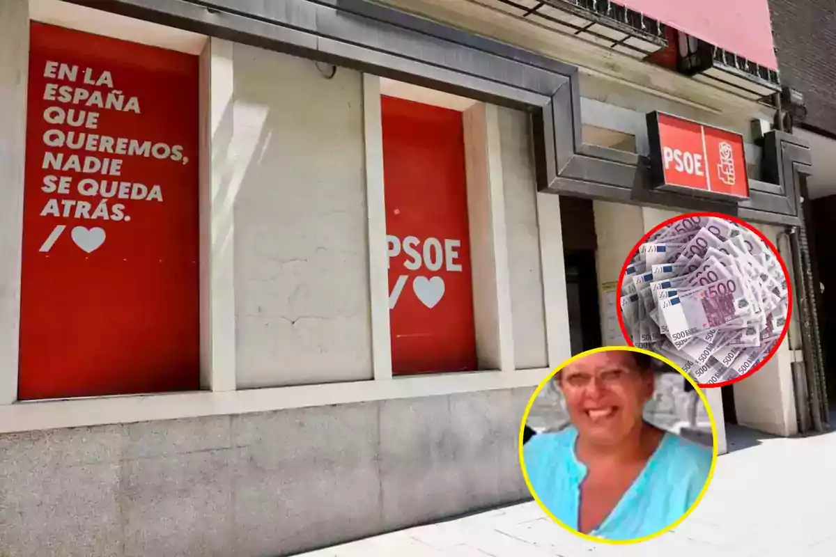 Una fachada de un edificio con carteles del PSOE y dos círculos superpuestos mostrando una pila de billetes de 500 euros y una persona sonriendo.