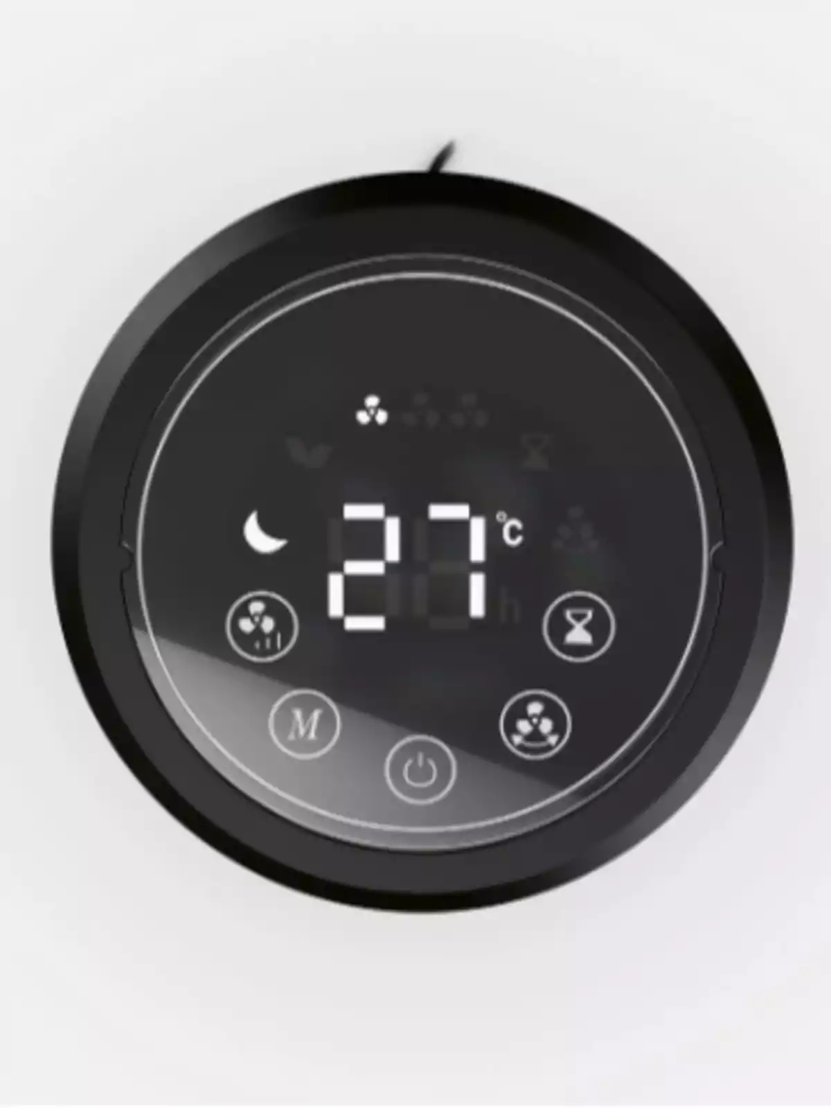 Panel de control digital circular de un dispositivo de climatización mostrando una temperatura de 27 grados Celsius con varios iconos táctiles alrededor de la pantalla Panel de control digital circular de un dispositivo de climatización mostrando una temperatura de 27 grados Celsius con varios iconos táctiles alrededor de la pantalla