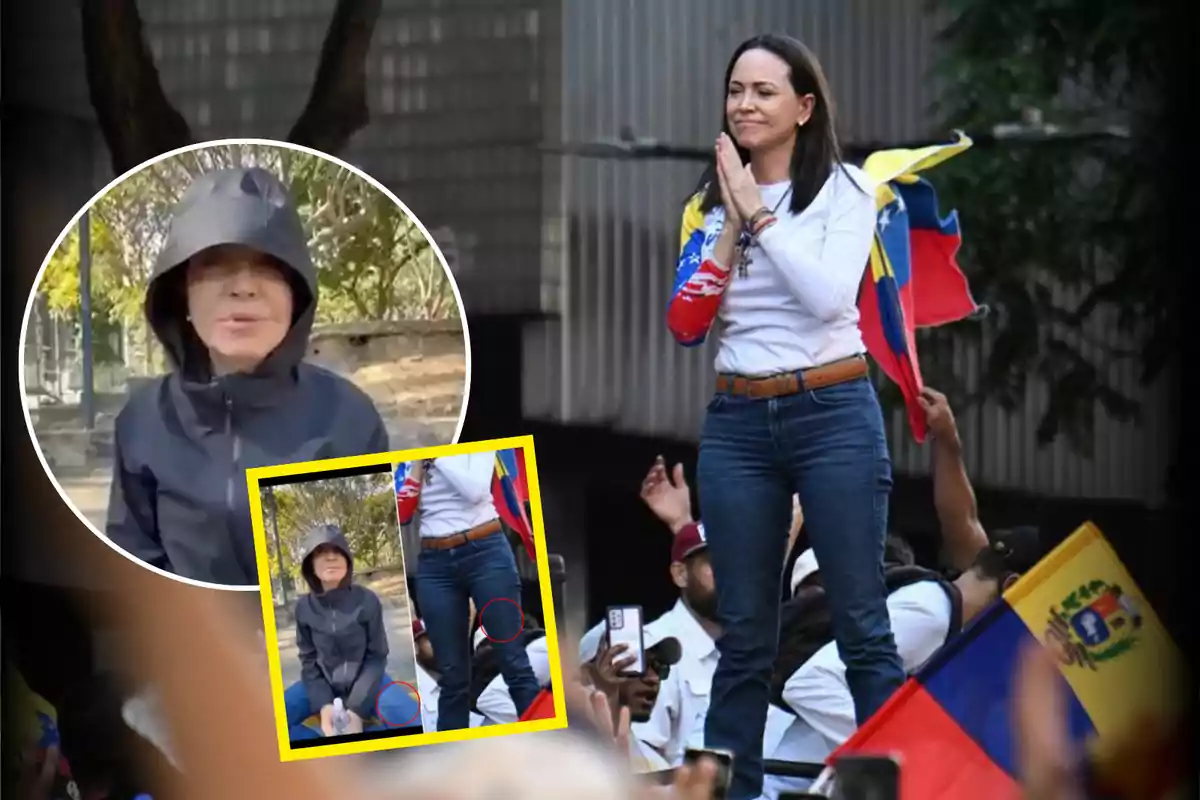 Una mujer con una chaqueta negra y capucha aparece en un recuadro circular, mientras que en la imagen principal está de pie sobre una tarima con una bandera venezolana, rodeada de personas y banderas.