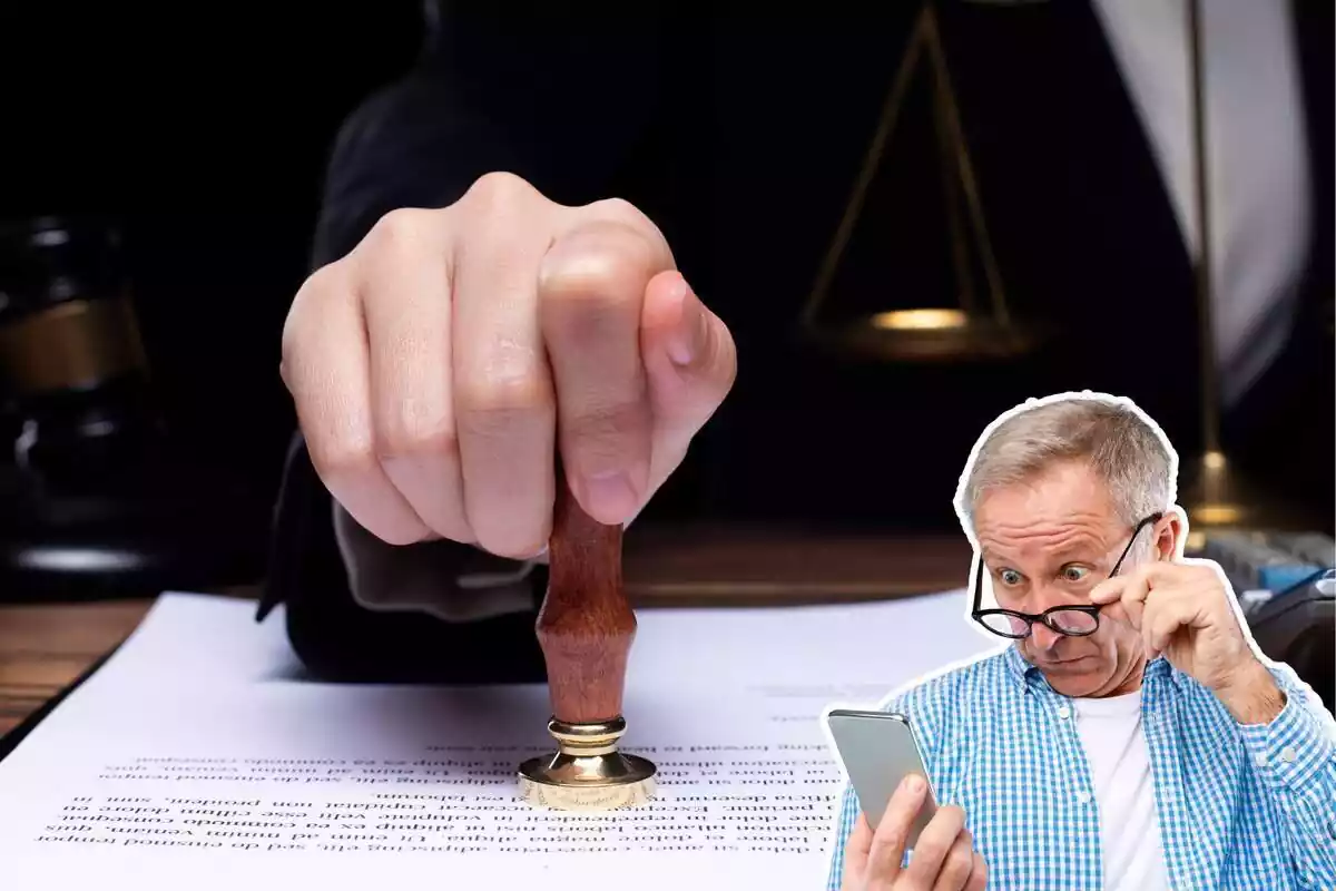 Imagen de fondo de una persona sellando un documento, junto a otra imagen de un hombre sorprendido mirando un teléfono